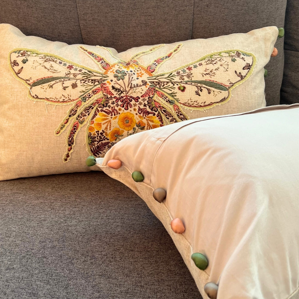 Embroidered Bumblebee Linen Lumbar Pillow Cover