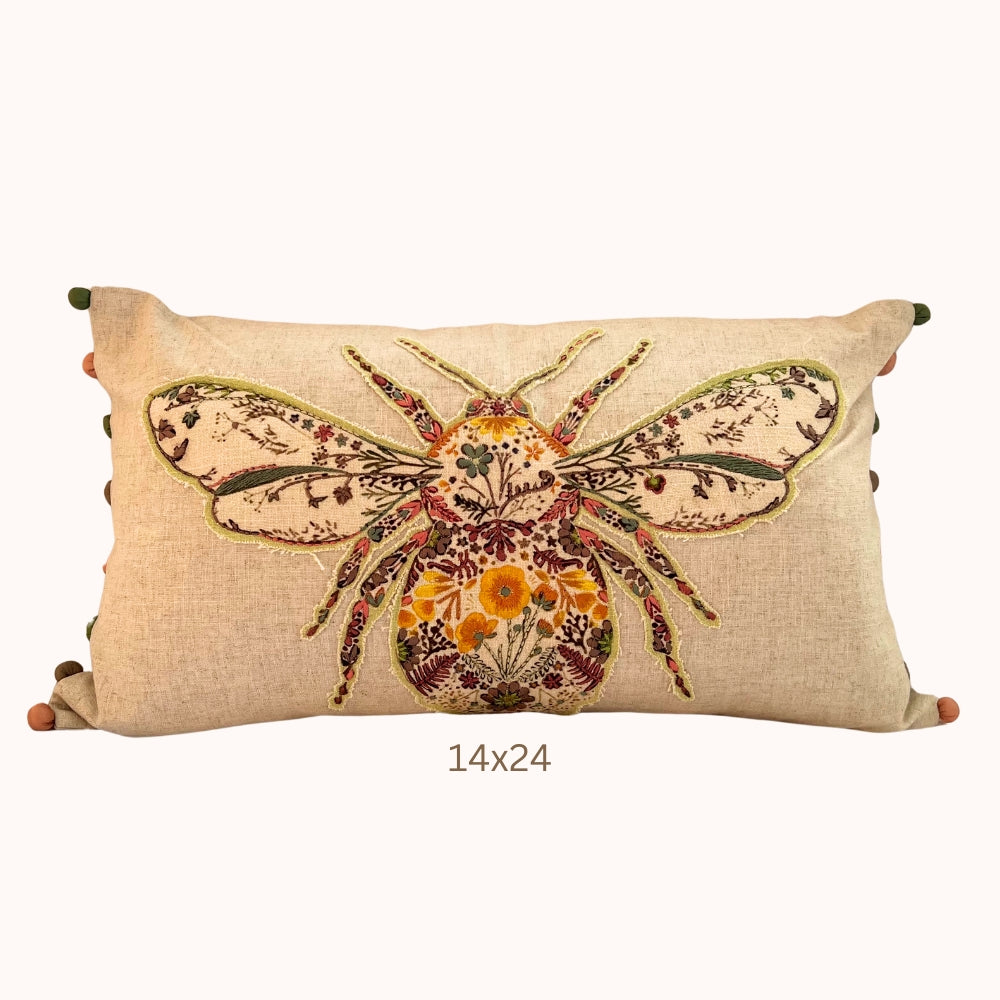 Embroidered Bumblebee Linen Lumbar Pillow Cover