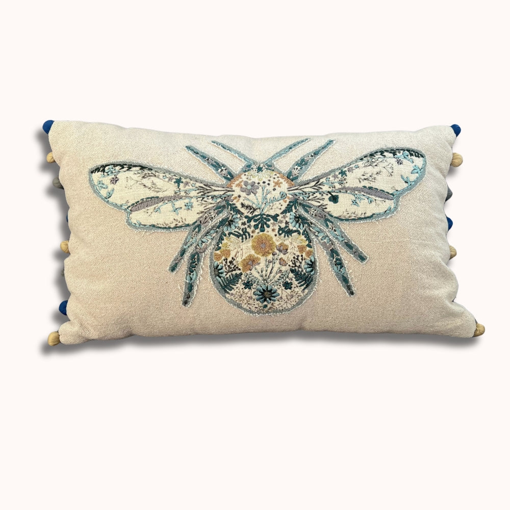 Embroidered Bumblebee Linen Lumbar Pillow Cover