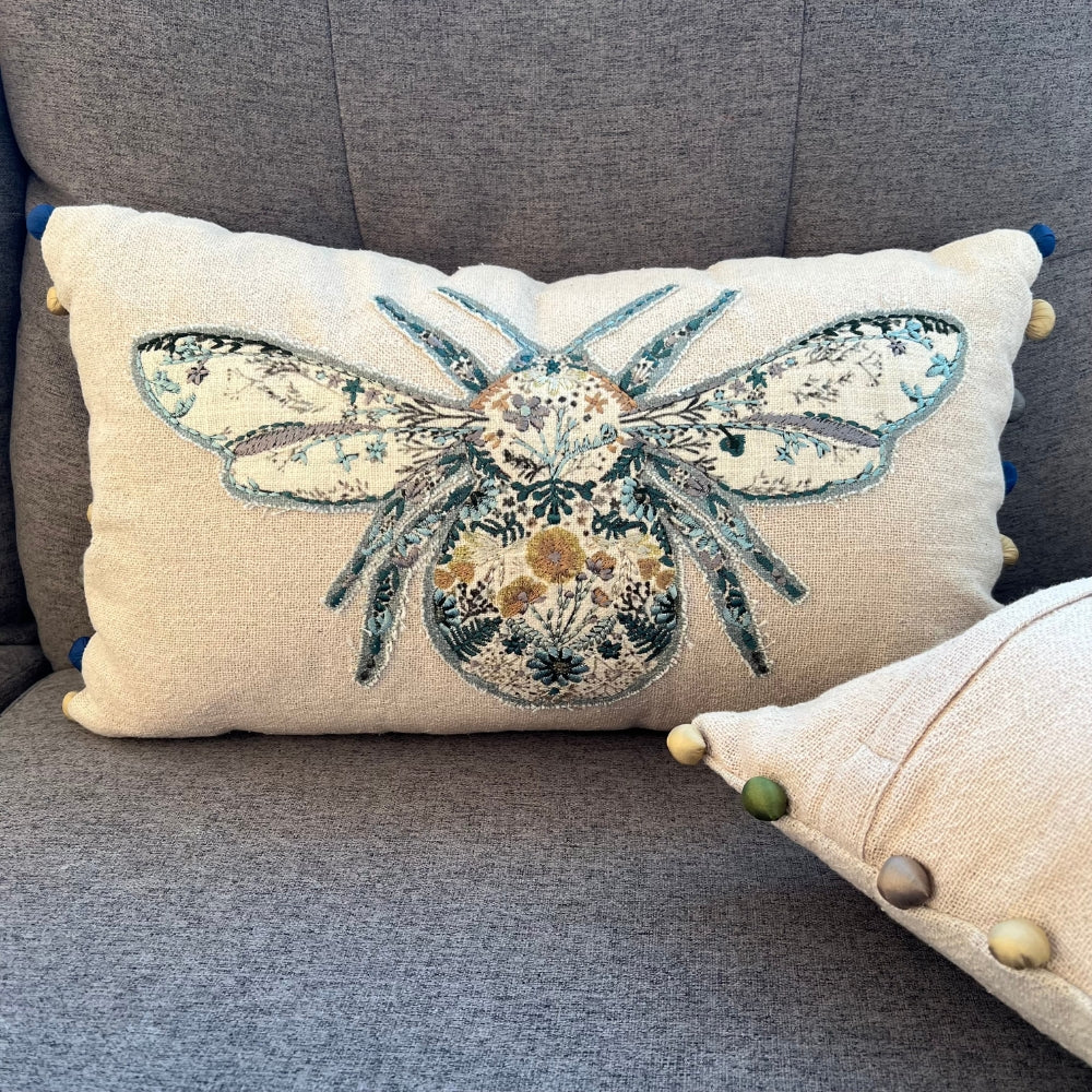 Embroidered Bumblebee Linen Lumbar Pillow Cover