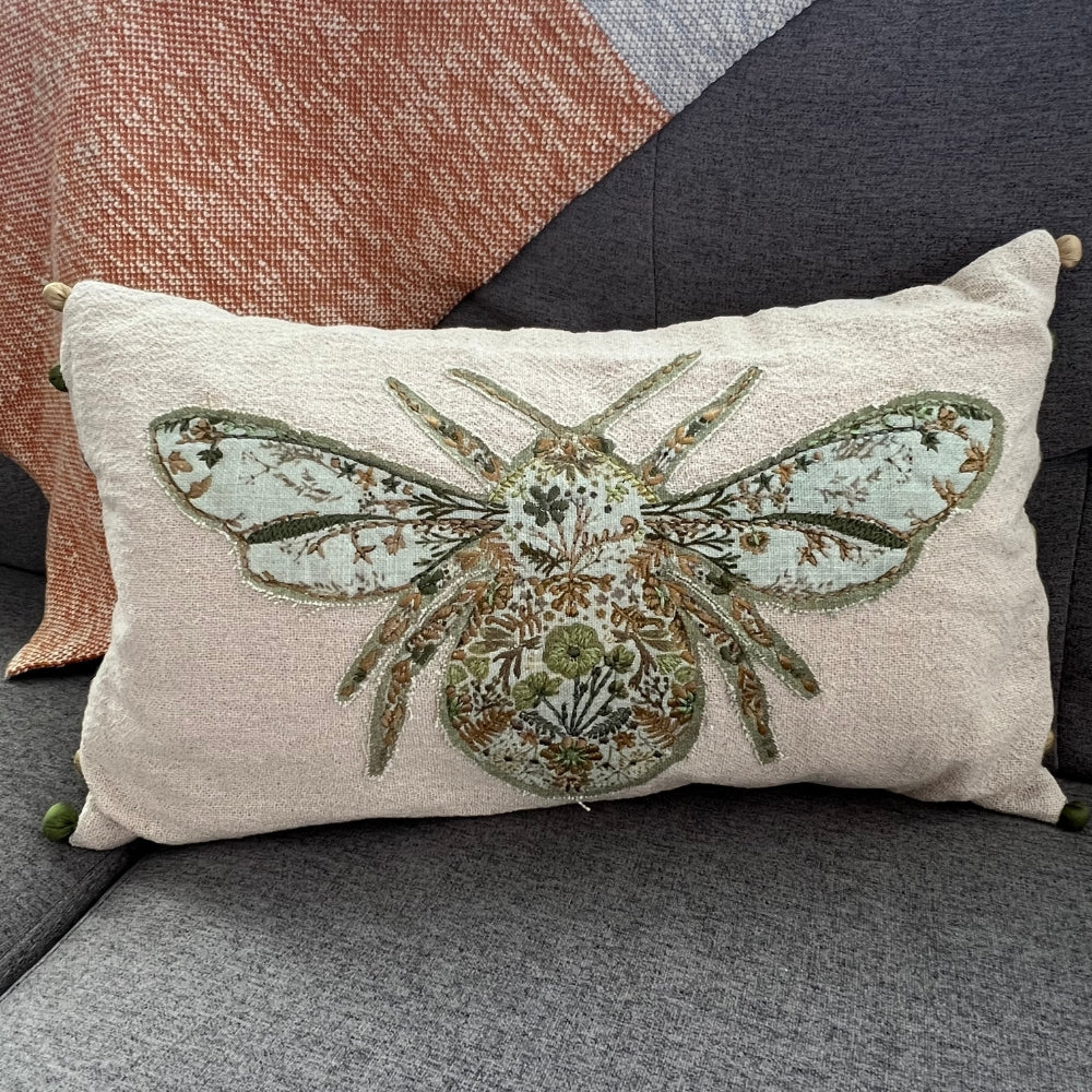 Embroidered Bumblebee Linen Lumbar Pillow Cover