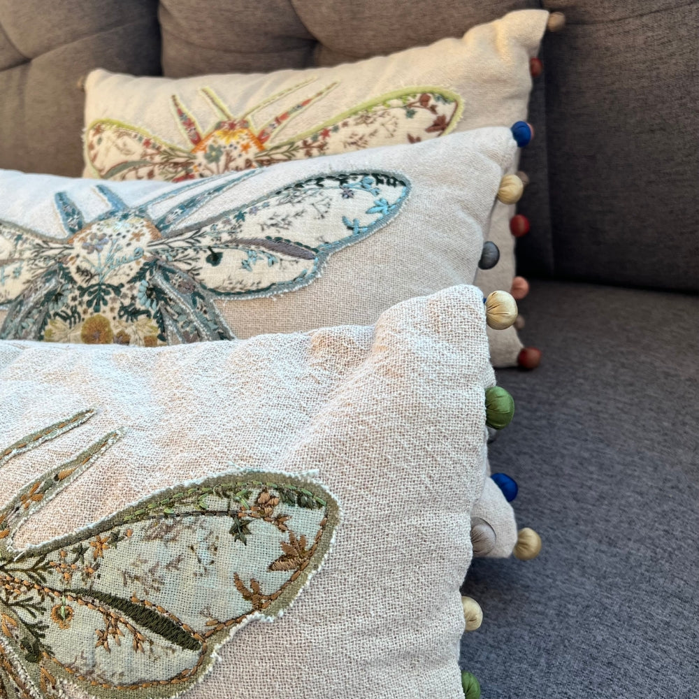 Embroidered Bumblebee Linen Lumbar Pillow Cover