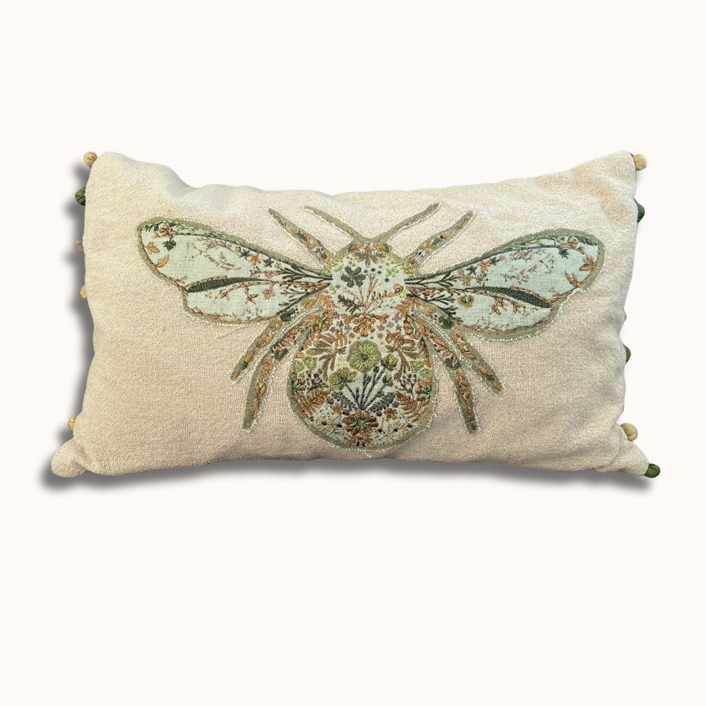 Embroidered Bumblebee Linen Lumbar Pillow Cover