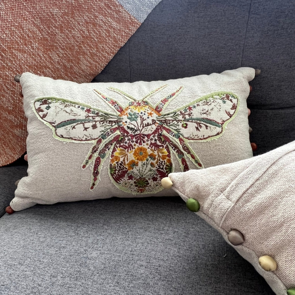 Embroidered Bumblebee Linen Lumbar Pillow Cover