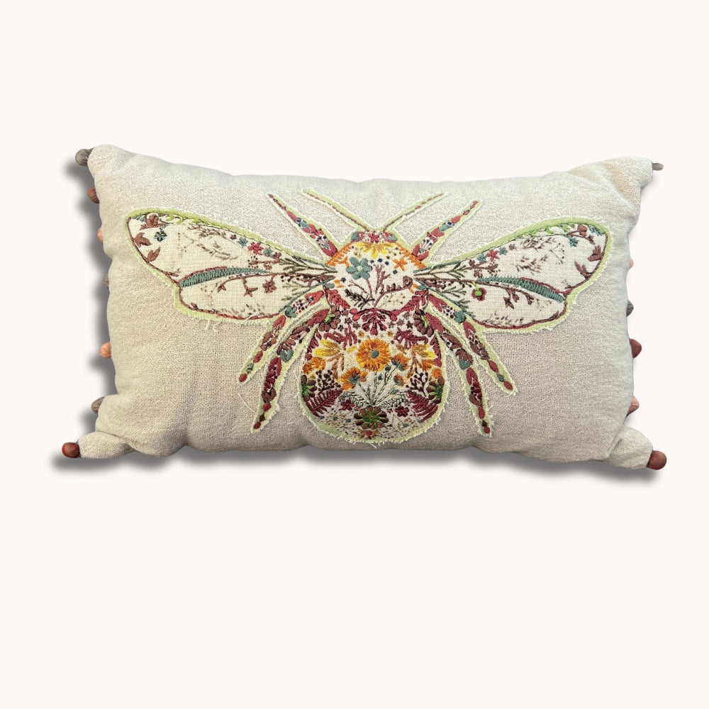 Embroidered Bumblebee Linen Lumbar Pillow Cover