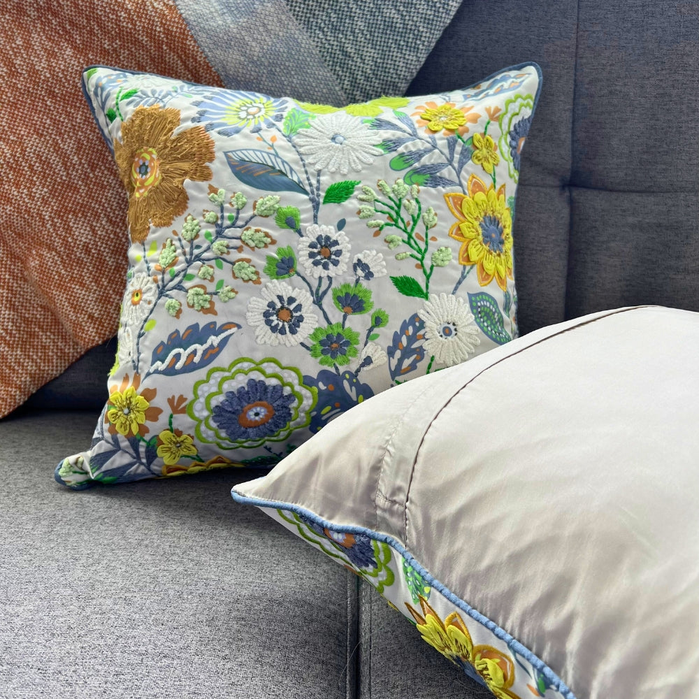 16x16" Hand Embroidered Floral Pillow Cover – Paper Silk Back, Square Decorative Accent