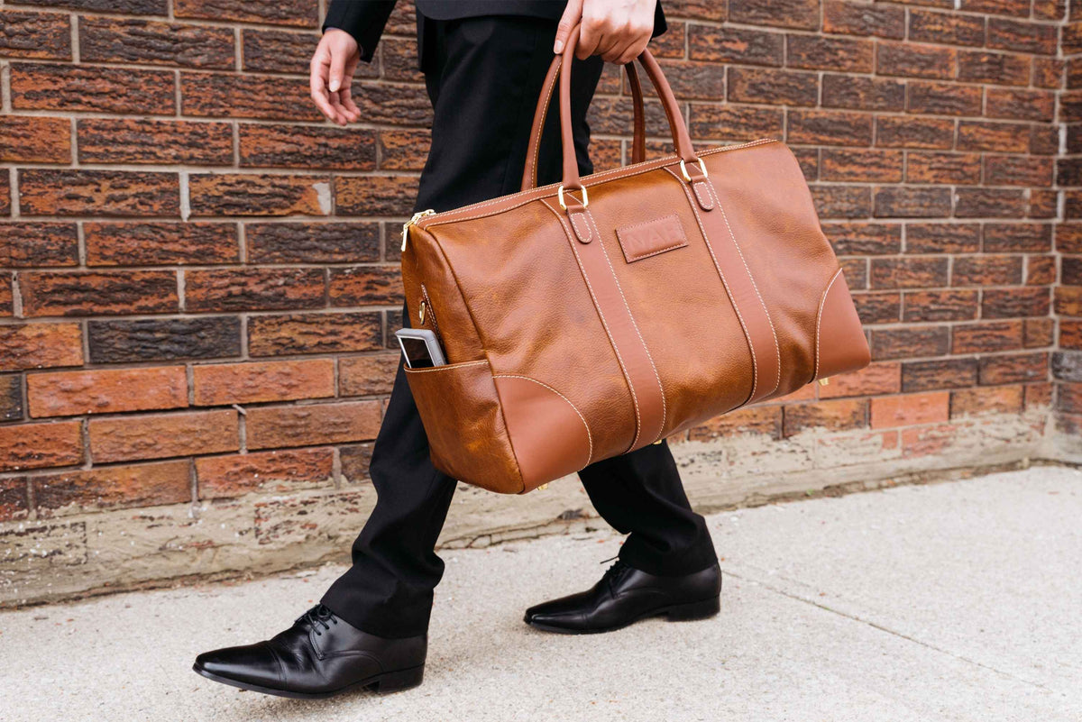 The Shield Duffle- Cognac Full-Grain Leather Duffle Bag Made in Canada
