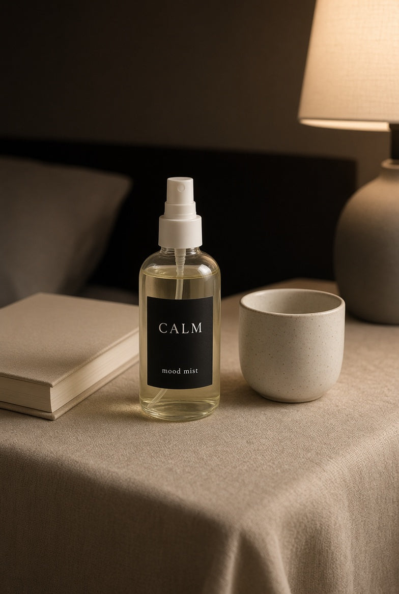 Calm Mood Mist on a nightstand
