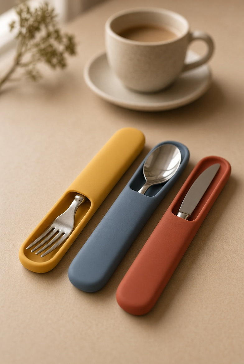 Portable cutlery set in silicone cases