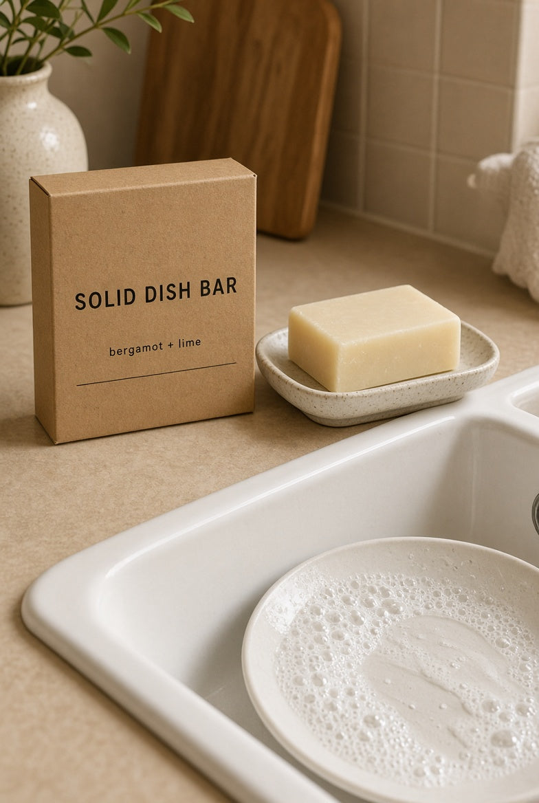 Bergamot and lime solid dish bar at the sink