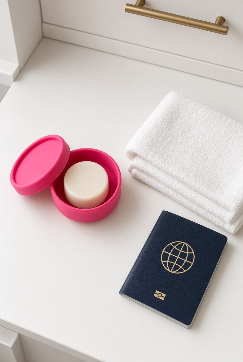 Pink travel case with shampoo bar